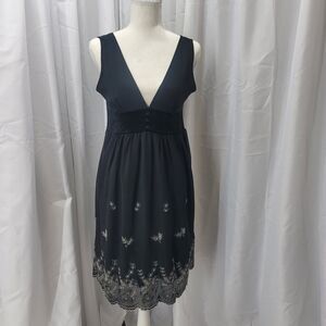 Vintage Japan Clef deSol Embroidered Black Dress Velvet Empire Waist Chiffin Y2K